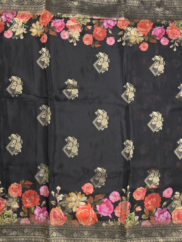 Dola silk fancy saree black color allover prints & zari border with printed pallu and attached blouse