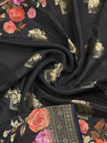 Dola silk fancy saree black color allover prints & zari border with printed pallu and attached blouse