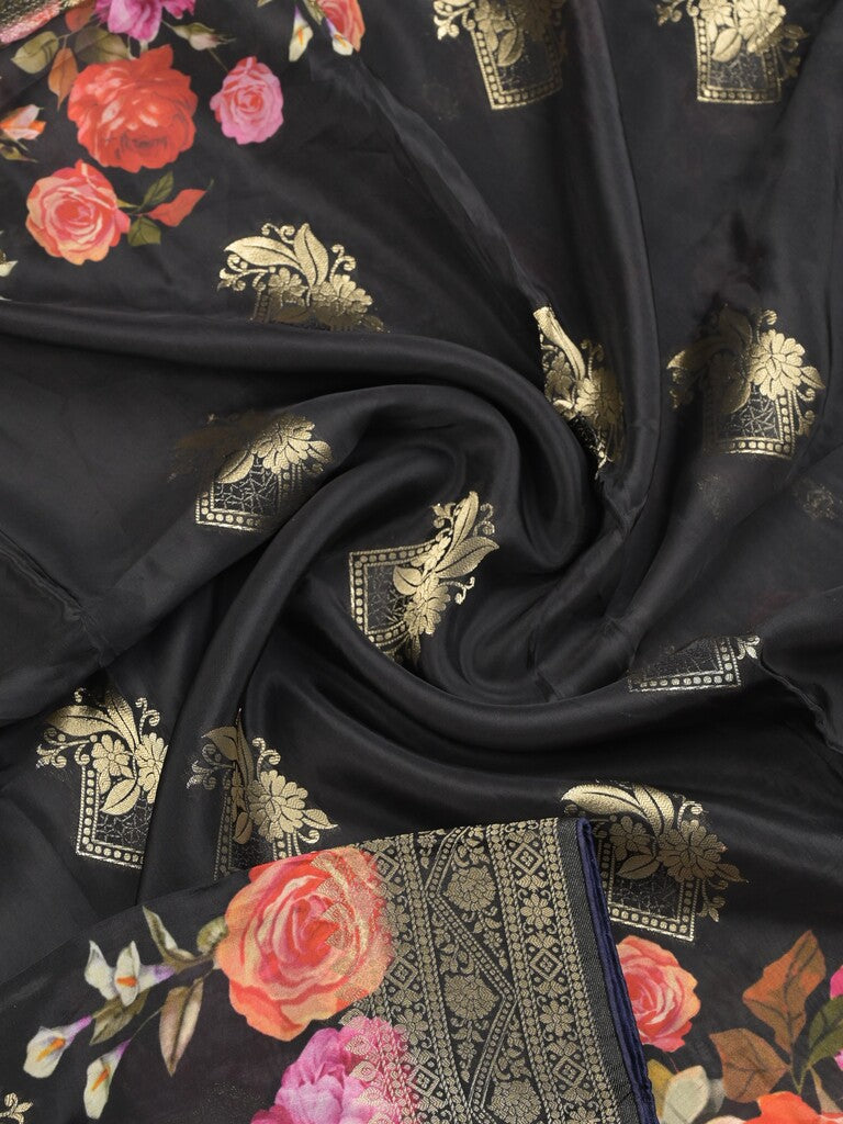 Dola silk fancy saree black color allover prints & zari border with printed pallu and attached blouse