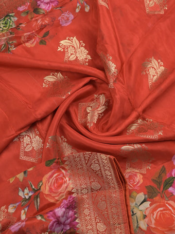 Dola silk fancy saree red color allover prints & zari border with printed pallu and attached blouse