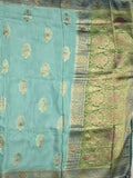 Dola silk fancy saree sky blue color allover prints & zari border with printed pallu and attached blouse