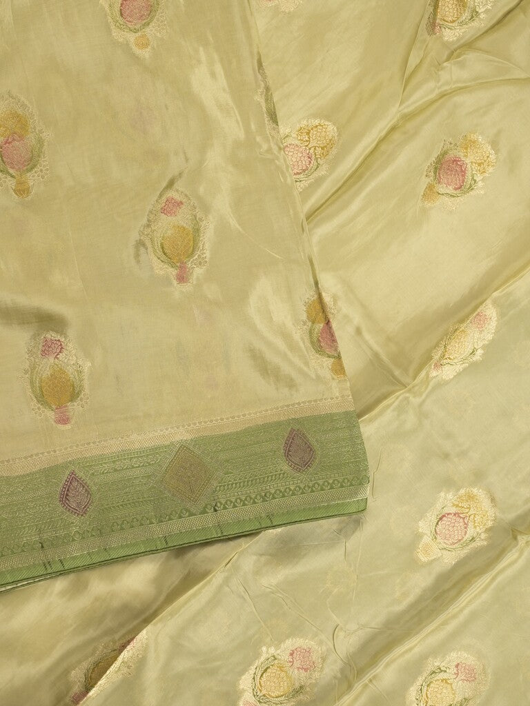 Dola silk fancy saree cream color allover prints & zari border with printed pallu and attached blouse