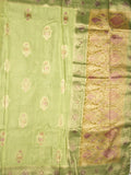 Dola silk fancy saree pista green color allover prints & zari border with printed pallu and attached blouse