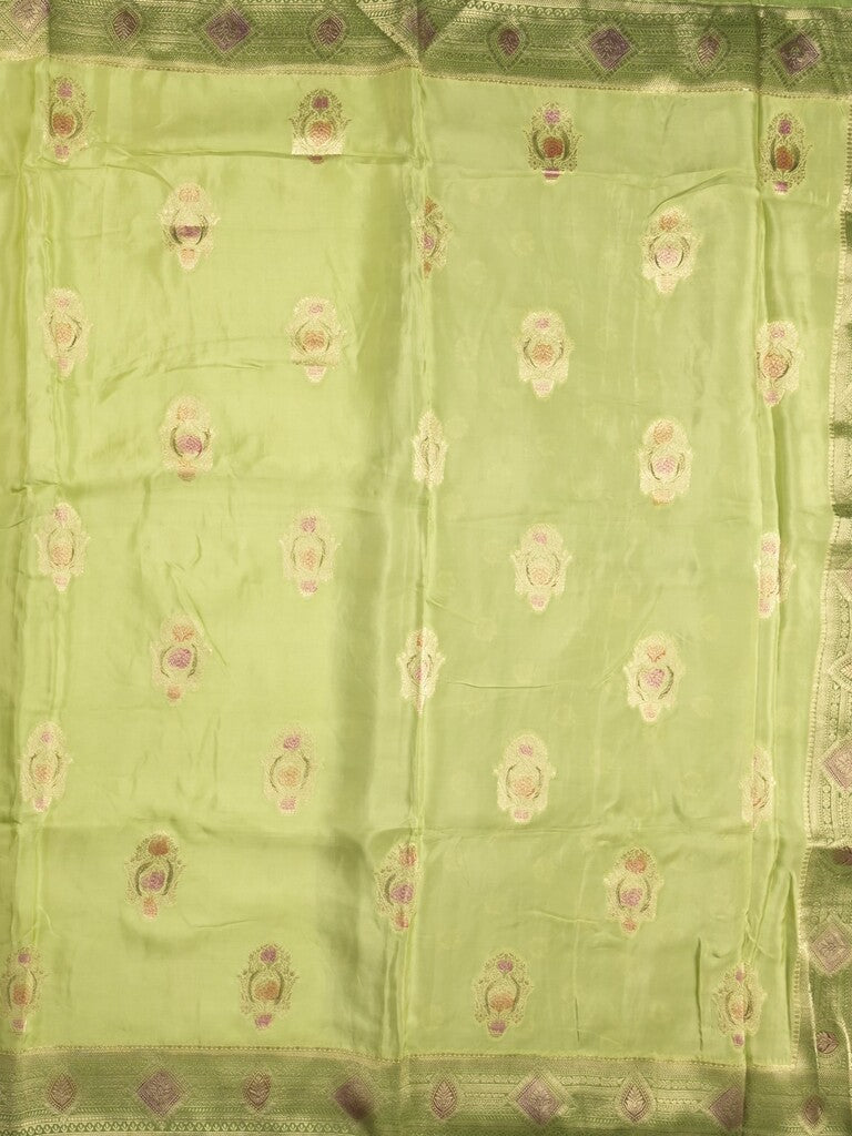 Dola silk fancy saree pista green color allover prints & zari border with printed pallu and attached blouse
