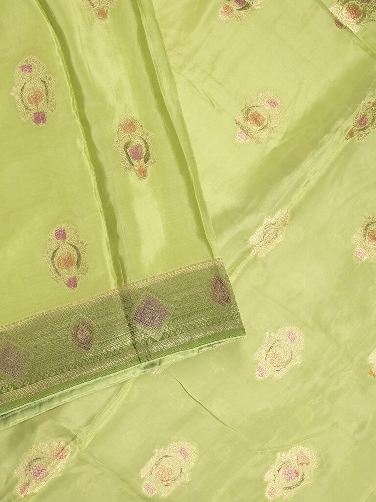 Dola silk fancy saree pista green color allover prints & zari border with printed pallu and attached blouse