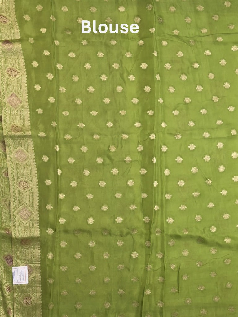 Dola silk fancy saree pista green color allover prints & zari border with printed pallu and attached blouse