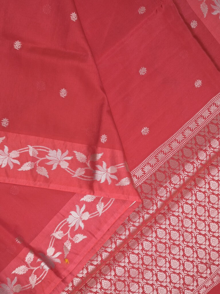 Raw mango fancy saree cherry red color allover zari motifs & zari border with rich pallu and attached blouse