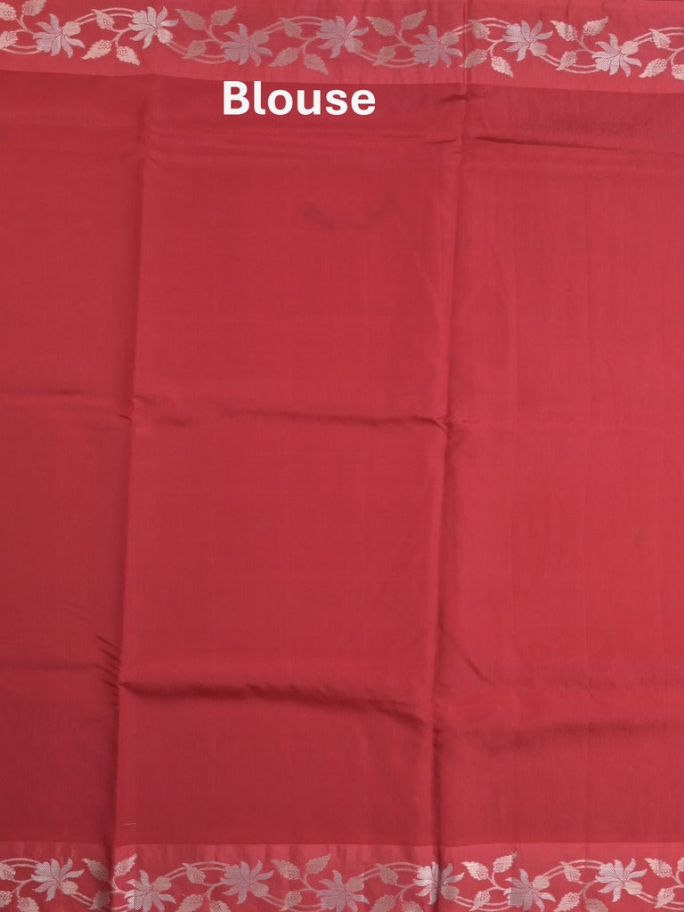 Raw mango fancy saree cherry red color allover zari motifs & zari border with rich pallu and attached blouse