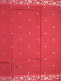 Raw mango fancy saree cherry red color allover zari motifs & zari border with rich pallu and attached blouse