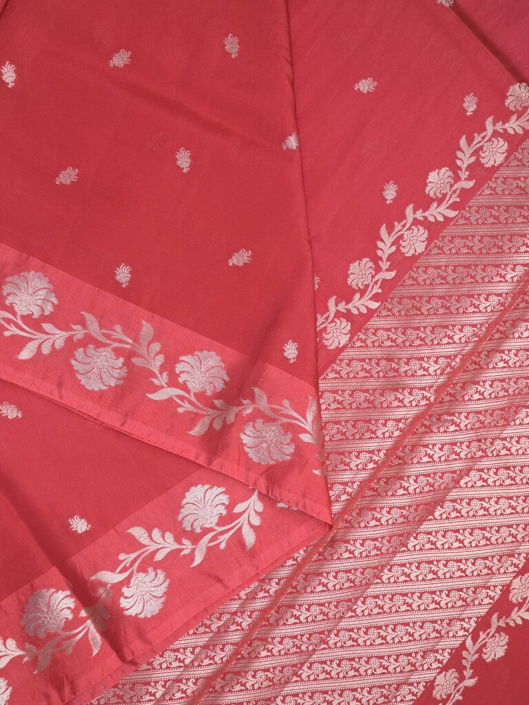 Raw mango fancy saree red color allover zari motifs & zari border with rich pallu and attached blouse