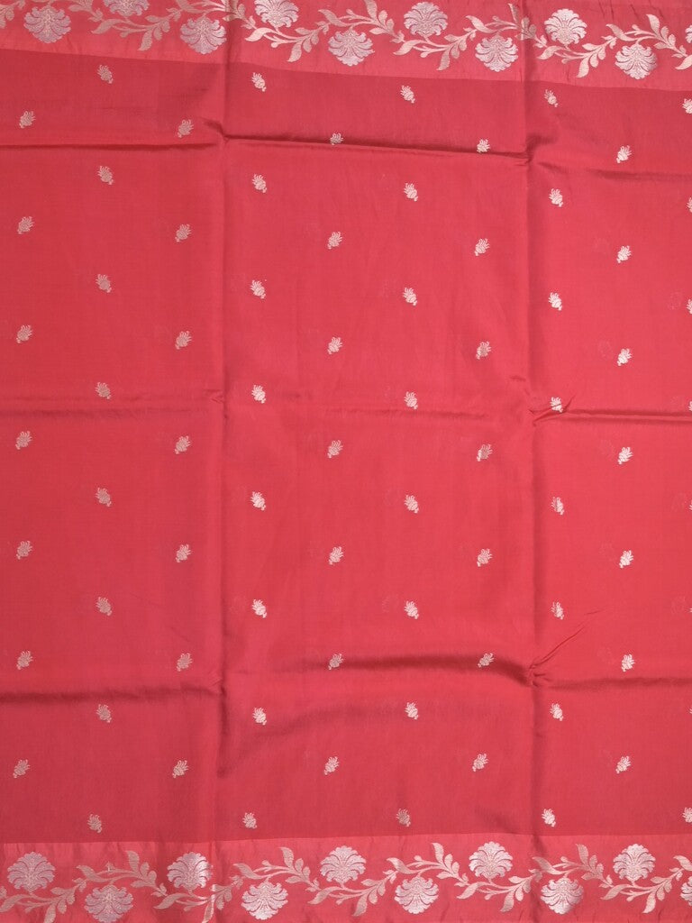 Raw mango fancy saree red color allover zari motifs & zari border with rich pallu and attached blouse