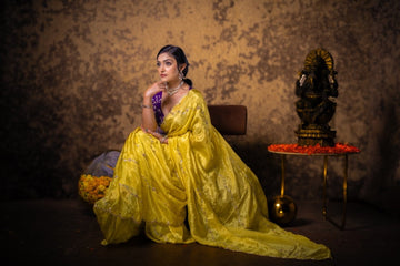 FABRIC ONLY Yellow color dola silk tissue fabric with allover weaves per meter
