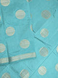 Dupion fancy saree sky blue color allover zari weaves & zari border with short pallu and attached blouse