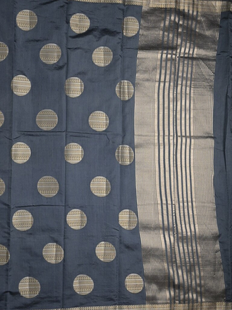 Dupion fancy saree navy blue color allover zari weaves & zari border with short pallu and attached blouse