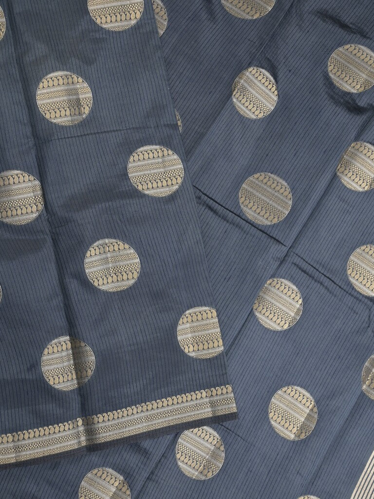 Dupion fancy saree navy blue color allover zari weaves & zari border with short pallu and attached blouse