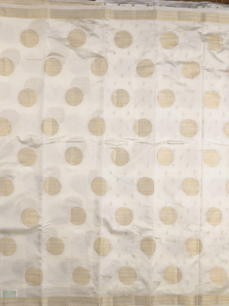 Dupion fancy saree white color allover zari weaves & zari border with short pallu and attached blouse