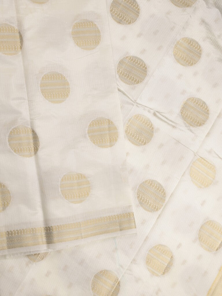 Dupion fancy saree white color allover zari weaves & zari border with short pallu and attached blouse