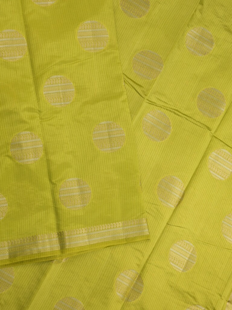 Dupion fancy saree parrot green color allover zari weaves & zari border with short pallu and attached blouse