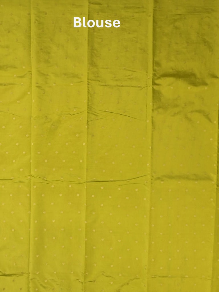 Dupion fancy saree parrot green color allover zari weaves & zari border with short pallu and attached blouse