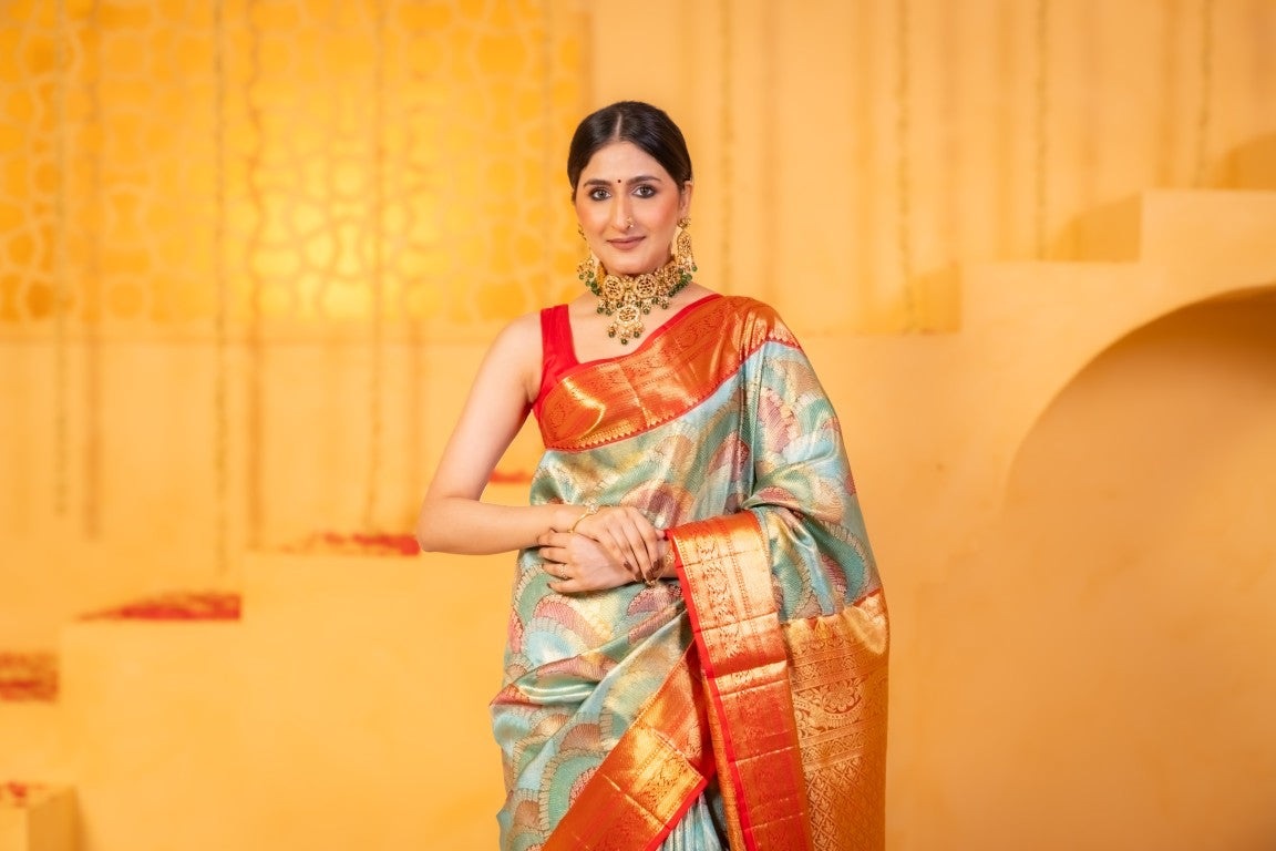Kanchi tissue pattu bridal saree blue color with allover zari weaves & kanchi border with rich pallu and contrast plain blouse