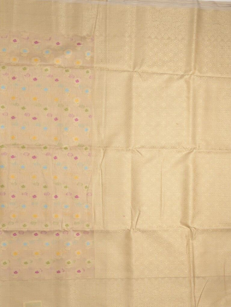 Chanderi fancy saree cream color allover weaves & zari border with short pallu and brocade blouse