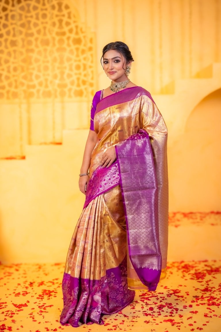 Kanchi tissue pattu bridal saree golden color with allover zari weaves kanchi purple border with rich pallu and contrast blouse