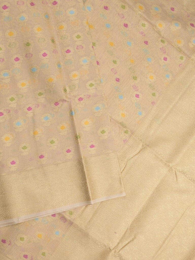 Chanderi fancy saree cream color allover weaves & zari border with short pallu and brocade blouse