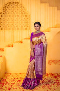 Kanchi tissue pattu bridal saree golden color with allover zari weaves & kanchi purple border with rich pallu and contrast blouse