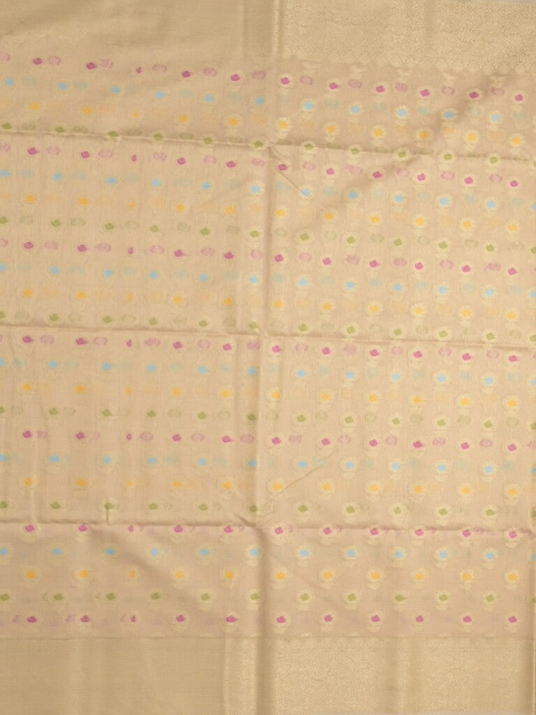 Chanderi fancy saree cream color allover weaves & zari border with short pallu and brocade blouse