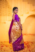 Kanchi tissue pattu bridal saree golden color with allover zari weaves & kanchi purple border with rich pallu and contrast blouse