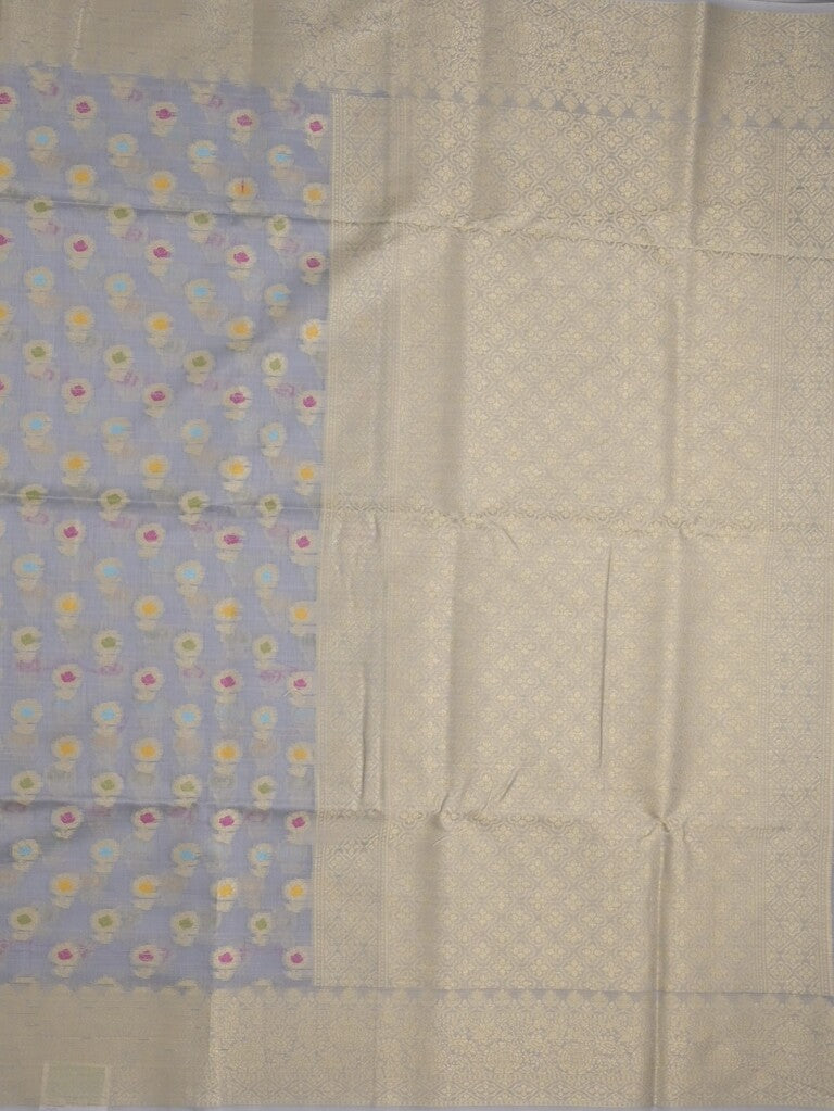 Chanderi fancy saree bluish grey color allover weaves & zari border with short pallu and brocade blouse