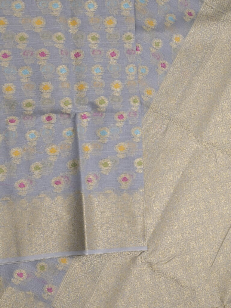 Chanderi fancy saree bluish grey color allover weaves & zari border with short pallu and brocade blouse