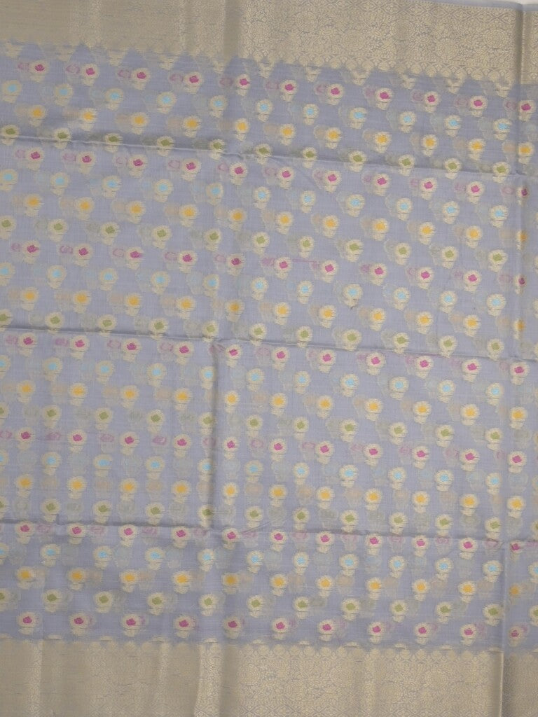 Chanderi fancy saree bluish grey color allover weaves & zari border with short pallu and brocade blouse