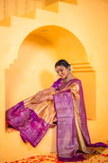 Kanchi tissue pattu bridal saree golden color with allover zari weaves & kanchi purple border with rich pallu and contrast blouse