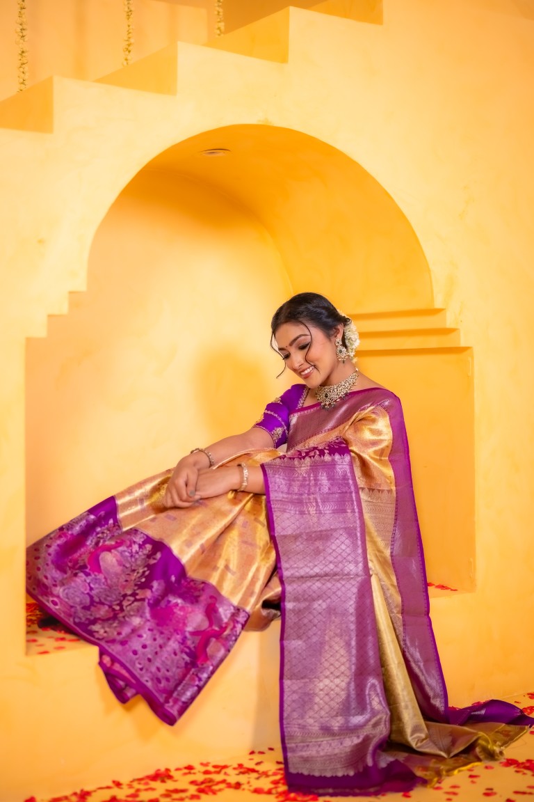 Kanchi tissue pattu bridal saree golden color with allover zari weaves & kanchi purple border with rich pallu and contrast blouse