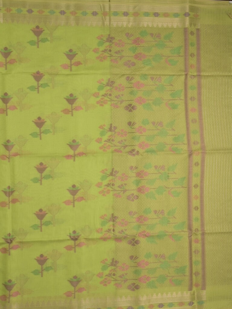 Chanderi fancy saree parrot green color allover weaves & zari border with short pallu and attached self blouse