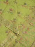 Chanderi fancy saree parrot green color allover weaves & zari border with short pallu and attached self blouse