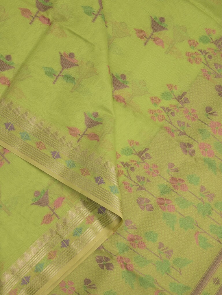Chanderi fancy saree parrot green color allover weaves & zari border with short pallu and attached self blouse