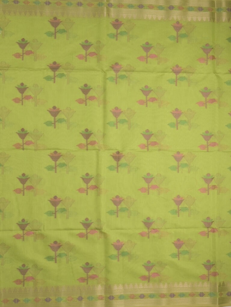 Chanderi fancy saree parrot green color allover weaves & zari border with short pallu and attached self blouse