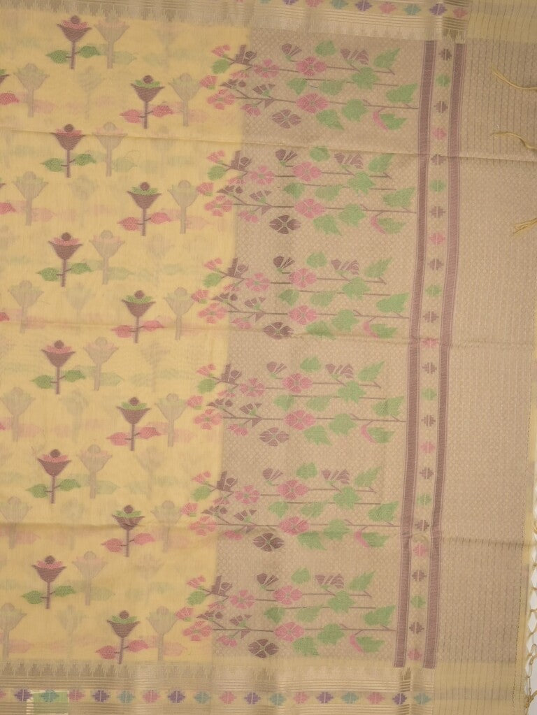 Chanderi fancy saree cream color allover weaves & zari border with short pallu and attached self blouse