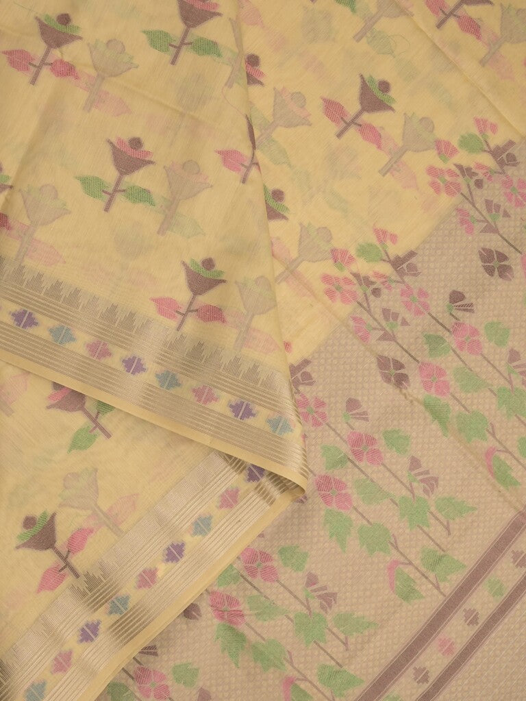 Chanderi fancy saree cream color allover weaves & zari border with short pallu and attached self blouse