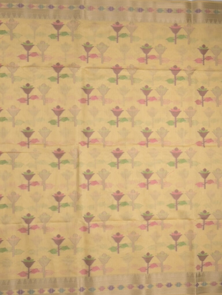 Chanderi fancy saree cream color allover weaves & zari border with short pallu and attached self blouse