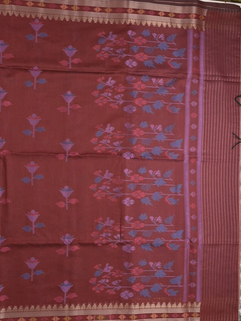 Chanderi fancy saree maroon color allover weaves & zari border with short pallu and attached self blouse