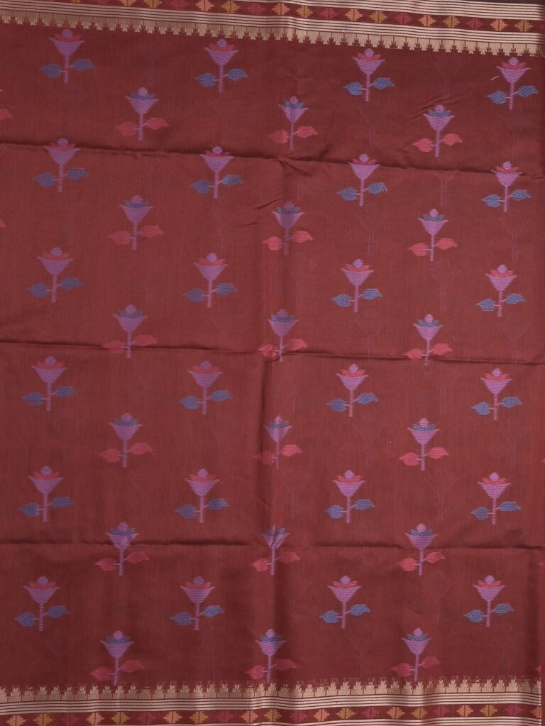 Chanderi fancy saree maroon color allover weaves & zari border with short pallu and attached self blouse