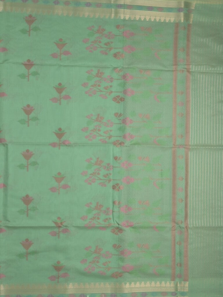 Chanderi fancy saree lux green color allover weaves & zari border with short pallu and attached self blouse