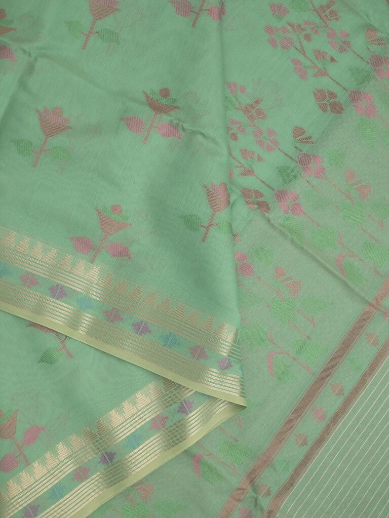 Chanderi fancy saree lux green color allover weaves & zari border with short pallu and attached self blouse