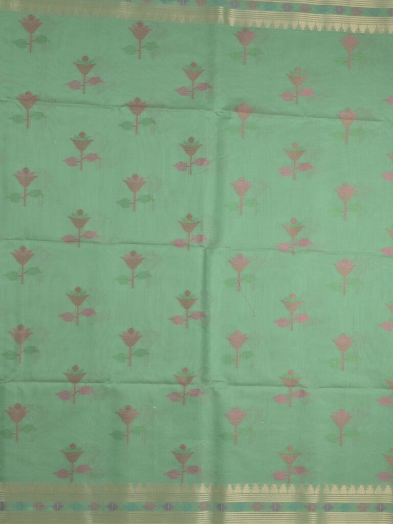 Chanderi fancy saree lux green color allover weaves & zari border with short pallu and attached self blouse