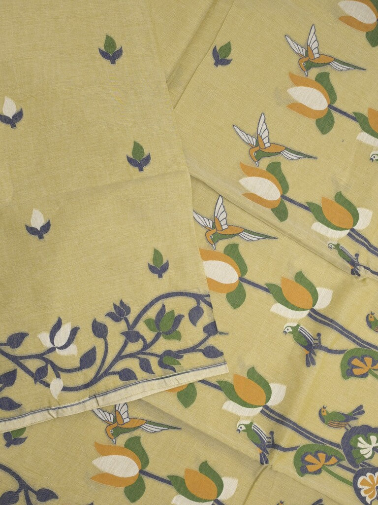 Jamdani cotton saree light olive green color allover weaves & weaving border with weaving pallu and plain blouse