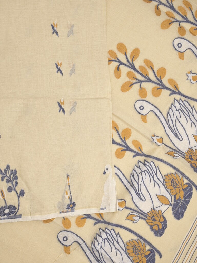 Jamdani cotton saree cream color allover weaves & weaving border with weaving pallu and plain blouse