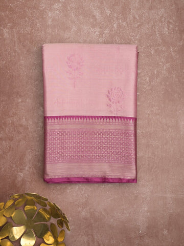 Banaras tissue fancy saree baby pink color allover weaves & zari border with running pallu and self blouse